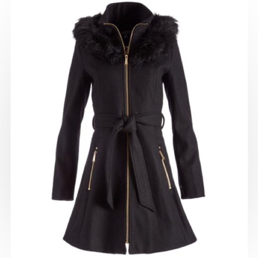 Laundry by Shelli Segal Wool Blend Fur Trimmed Navy Coat M
